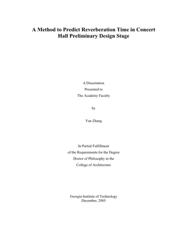 A Method to Predict Reverberation Time in Concert Hall Preliminary Design Stage