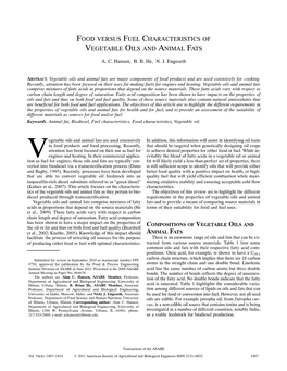 Food Versus Fuel Characteristics of Vegetable Oils and Animal Fats