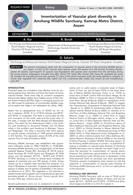 Inventorization of Vascular Plant Diversity in Amchang Wildlife Sanctuary, Kamrup Metro District, Assam