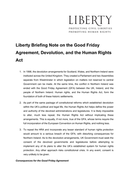 Liberty Briefing Note on the Good Friday Agreement, Devolution, and the Human Rights Act