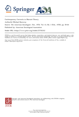Contemporary Currents in Marxist Theory Author(S): Michael Burawoy Source: the American Sociologist , Feb., 1978, Vol