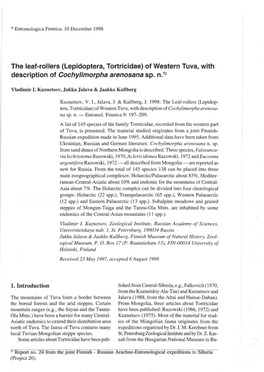 The Leaf-Rollers (Lepidoptera, Tortricidae) of Western Tuva, with Description of Cochylimorpha Arenosana Sp