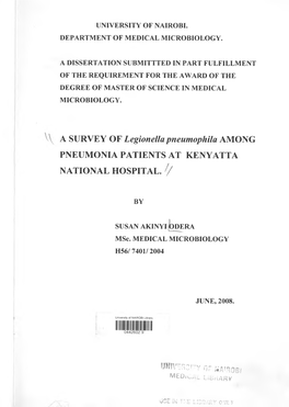 A SURVEY of Legionella Pneumophila AMONG PNEUMONIA PATIENTS at KENYATTA NATIONAL HOSPITAL