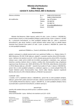 Městský Úřad Boskovice Odbor Dopravy Náměstí 9. Května 954/2, 680 11 Boskovice