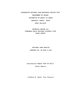 Cooperative National Park Resources Studies Unit Department of Botany University of Hawaii at Manoa Honolulu, Hawaii 96822 (808) 948-8218