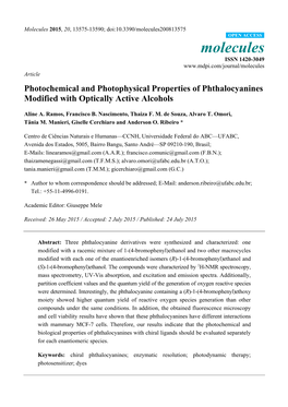 Photochemical and Photophysical Properties of Phthalocyanines Modified with Optically Active Alcohols