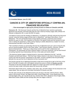 Canucks & City of Abbotsford Officially Confirm Ahl Franchise Relocation