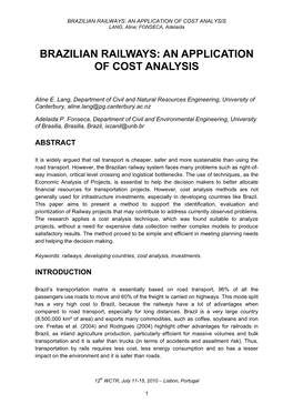 BRAZILIAN RAILWAYS: an APPLICATION of COST ANALYSIS LANG, Aline; FONSECA, Adelaida