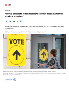 Party Vs. Candidate: When It Comes to Toronto, Does It Matter Who Knocks at Your Door?