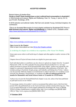 Does Hunting Have a Role in Ethical Food Consumption in Australia?, in Wild Animals and Leisure: Rights and Wellbeing / Carr, N., Young, J