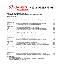 BALLY SPORTS KANSAS CITY LIVE PROGRAMMING LISTINGS and HIGHLIGHTS April 11-18, 2021