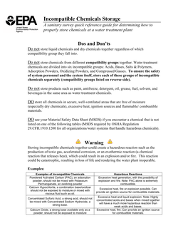 Incompatible Chemicals Storage a Sanitary Survey Quick Reference Guide for Determining How to Properly Store Chemicals at a Water Treatment Plant