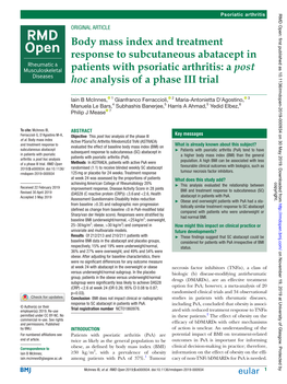 Body Mass Index and Treatment Response to Subcutaneous Abatacept in Patients with Psoriatic Arthritis: a Post Hoc Analysis of a Phase III Trial