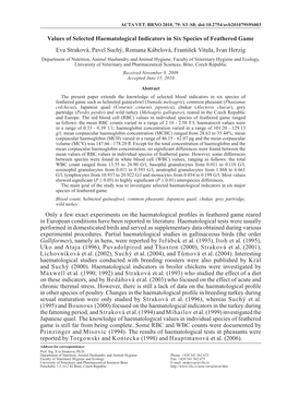 Values of Selected Haematological Indicators in Six Species Of