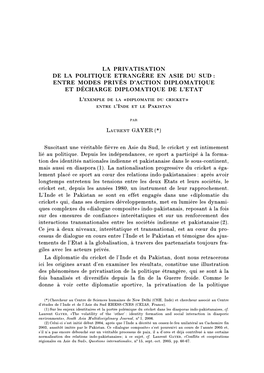 La Privatisation De La Politique Etrangère En Asie Du Sud : Entre Modes Privés D’Action Diplomatique Et Décharge Diplomatique De L’Etat