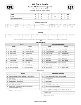 CFL Game Details BC Lions @ Saskatchewan Roughriders Week #1 - Game #2 - Year 2021 August 6, 2021-21:30 - Mosaic Stadium