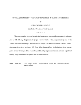 CETERA QUIS NESCIT? : TEXTUAL INTERCOURSE in OVID's LOVE ELEGIES by ANDREW MILES LEMONS (Under the Direction of Sarah Spence)
