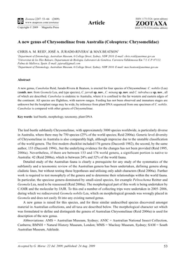 Zootaxa, a New Genus of Chrysomelinae from Australia (Coleoptera: Chrysomelidae)