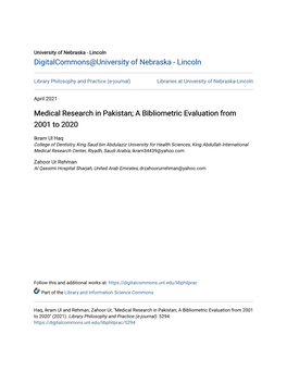 Medical Research in Pakistan; a Bibliometric Evaluation from 2001 to 2020