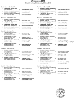 Wimbledon 2013 Schedule for Day 3 Wednesday 26 June 2013