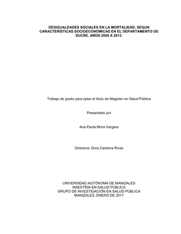 Desigualdades Sociales En La Mortalidad, Segun Características Socioeconómicas En El Departamento De Sucre, Años 2009 a 2013