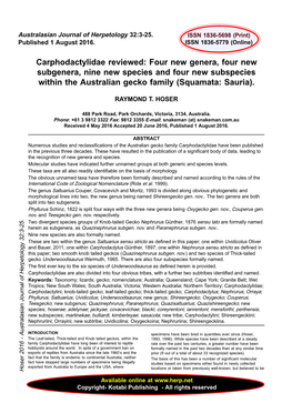 Carphodactylidae Reviewed: Four New Genera, Four New Subgenera, Nine New Species and Four New Subspecies Within the Australian Gecko Family (Squamata: Sauria)