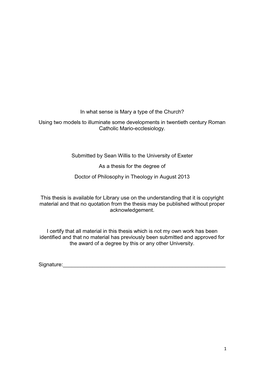 In What Sense Is Mary a Type of the Church? Using Two Models to Illuminate Some Developments in Twentieth Century Roman Catholic Mario-Ecclesiology