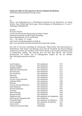 Namen Der Opfer Der Hexenprozesse/ Hexenverfolgung Mecklenburg Mecklenburg (Gesamtregister Hexenprozesse)