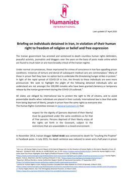 Briefing on Individuals Detained in Iran, in Violation of Their Human Right to Freedom of Religion Or Belief and Free Expression