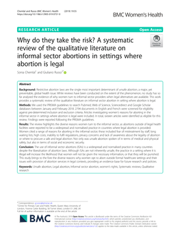 A Systematic Review of the Qualitative Literature on Informal Sector Abortions in Settings Where Abortion Is Legal Sonia Chemlal1 and Giuliano Russo2*