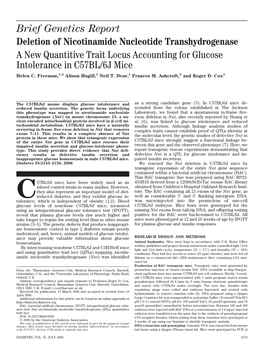 Brief Genetics Report Deletion of Nicotinamide Nucleotide Transhydrogenase a New Quantitive Trait Locus Accounting for Glucose Intolerance in C57BL/6J Mice Helen C