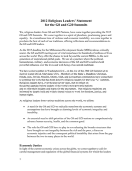 2012 Religious Leaders' Statement for the G8 and G20 Summits