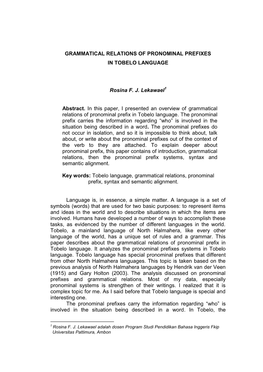 Grammatical Relations of Pronominal Prefixes in Tobelo Language