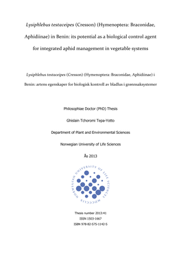 Lysiphlebus Testaceipes (Cresson) (Hymenoptera: Braconidae, Aphidiinae) in Benin: Its Potential As a Biological Control Agent Fo