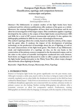 European Fight Books 1305-1630: Classification, Typology and Comparison Between Manuscripts and Prints