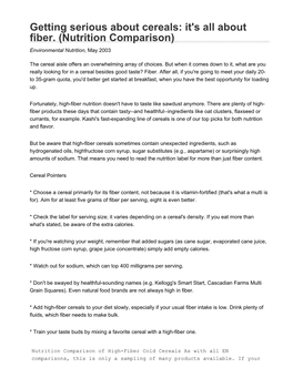 Getting Serious About Cereals: It's All About Fiber. (Nutrition Comparison) Environmental Nutrition, May 2003
