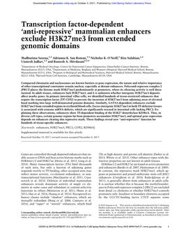 Transcription Factor-Dependent 'Anti-Repressive' Mammalian Enhancers Exclude H3k27me3 from Extended Genomic Domains
