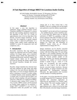 A Fast Algorithm of Integer MDCT for Lossless Audio Coding