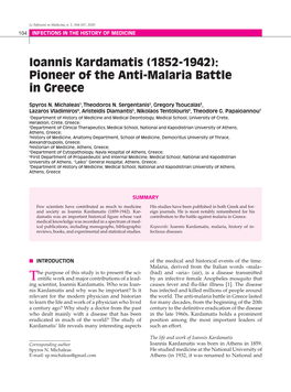 Ioannis Kardamatis (1852-1942): Pioneer of the Anti-Malaria Battle in Greece