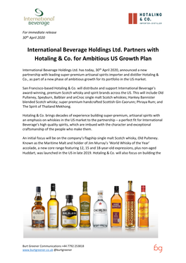 International Beverage Holdings Ltd. Partners with Hotaling & Co. For