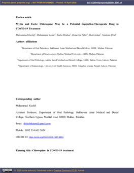 Myths and Facts: Chloroquine May Be a Potential Supportive/Therapeutic Drug in COVID-19 Treatment