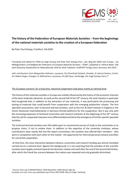 The History of the Federation of European Materials Societies – from the Beginnings of the National Materials Societies to the Creation of a European Federation