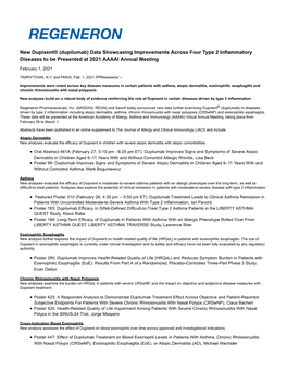 New Dupixent® (Dupilumab) Data Showcasing Improvements Across Four Type 2 Inflammatory Diseases to Be Presented at 2021 AAAAI Annual Meeting