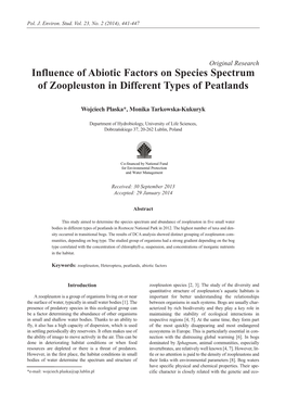 Influence of Abiotic Factors on Species Spectrum of Zoopleuston in Different Types of Peatlands