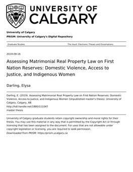 Assessing Matrimonial Real Property Law on First Nation Reserves: Domestic Violence, Access to Justice, and Indigenous Women