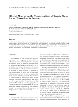 Effect of Minerals on the Transformations of Organic Matter During Thermolysis in Benzene