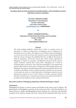 201 EXAMINATION of the INCIDENCE of KIDNAPPING and ITS IMPLICATIONS for EDUCATION in NIGERIA OLANIYI, ABIODUN JUBRIL Department