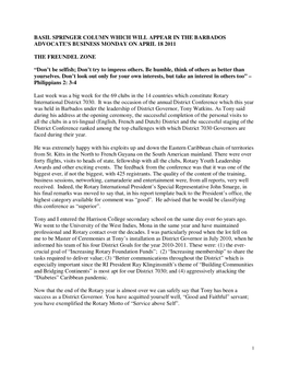 BASIL SPRINGER COLUMN WHICH WILL APPEAR in the BARBADOS ADVOCATE's BUSINESS MONDAY on APRIL 18 2011 the FREUNDEL ZONE “Don't