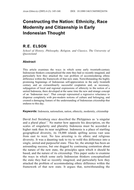 Ethnicity, Race Modernity and Citizenship in Early Indonesian Thought