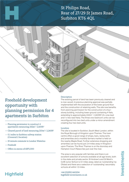 St Philips Road, Rear of 27/29 St James Road, Surbiton KT6 4QL Freehold Development Opportunity with Planning Permission For